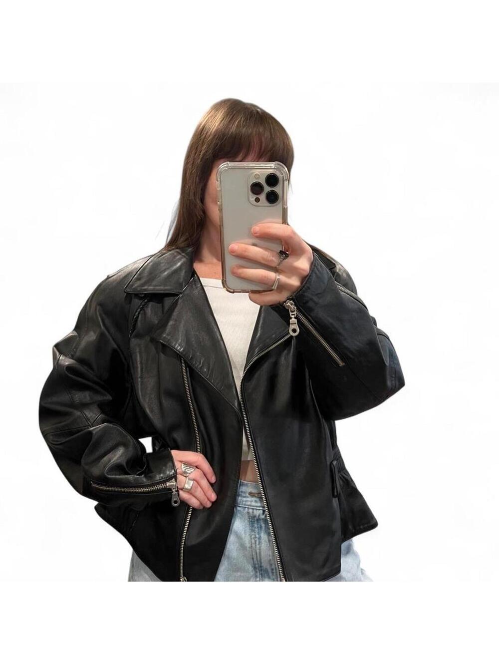Vintage Black Leather Moto Jacket Oversized 90s Biker Coat XXL